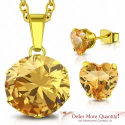 Collier en chaîne en acier inoxydable doré avec cercle de perles rondes et paire de boucles d'oreilles Love Heart avec topaze CZ