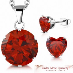 Collier à pendentif cercle en acier inoxydable et pendentifs en forme de cœur d'amourzirconium rouge clair