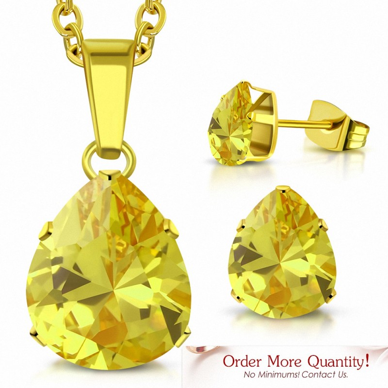 Collier pendentif en forme de poire / larme en acier inoxydable doré avec paire de Boucles d'oreilles clous zircon jaune