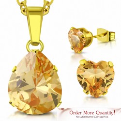 Collier pendentif en forme de poire  larme en acier doré avec paire de boucles d'oreilles Love avec topaze CZ