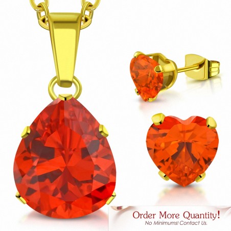 Collier pendentif en forme de poire / larme en acier doré avec paire de boucles d'oreilles Love avec jacinthe orange CZ