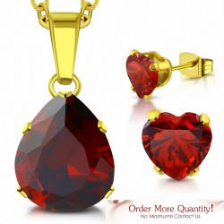 Collier pendentif en forme de poire / larme en acier  doré avec une paire de Boucles d'oreilles clous cœur d'amour rouge