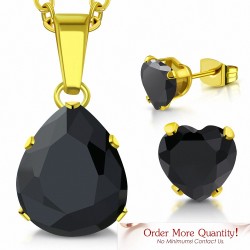 Collier pendentif en forme de poire / larme en acier doré avec une paire de Boucles d'oreilles clous cœur d'amour noir