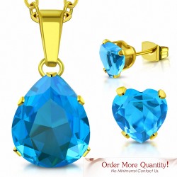 Collier pendentif en forme de poire  larme en acier doré et paire de Boucles d'oreilles clous en forme de cœur bleu ciel