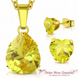 Collier pendentif en forme de poire / larme en acier  doré avec une paire de Boucles d'oreilles clous en forme de cœur jaune
