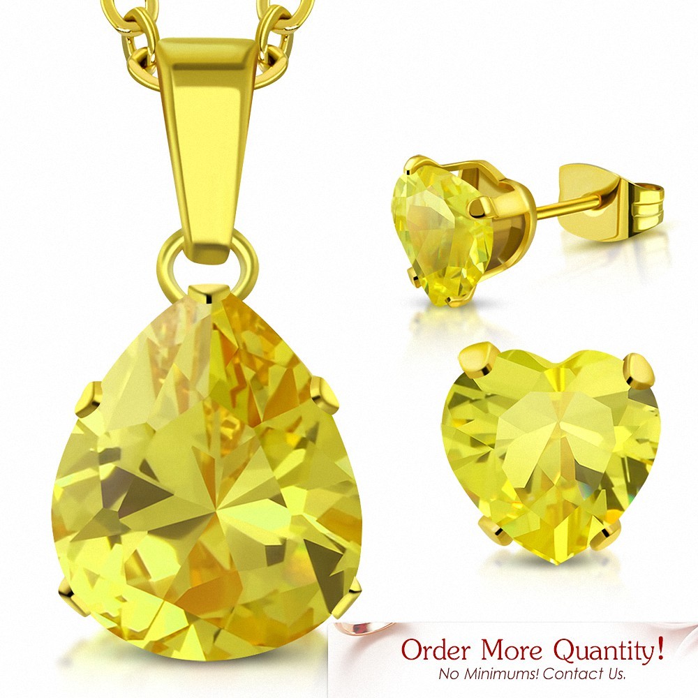 Collier pendentif en forme de poire / larme en acier  doré avec une paire de Boucles d'oreilles clous en forme de cœur jaune