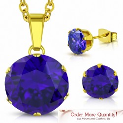 Collier en chaîne en acier inoxydable doré avec cercle rond et pendentif de boucles d'oreille avec violet / violet CZ (SET)