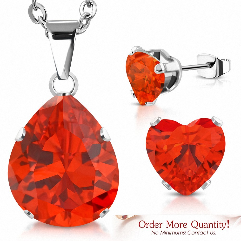 Collier à pendentif en forme de larme en acier inoxydable et paire de Boucles d'oreilles clous cœur d'amour jacinthe orange