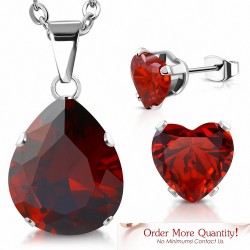 Collier à pendentif en forme de larme en acier inoxydable et paire de Boucles d'oreilles clous cœur d'amour zircon rouge