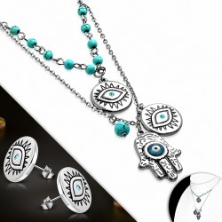 Collier de chaîne à breloques et paire de pendentifs en acier inoxydable avec yeux de maléfique main de Fatia perle turquoise