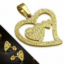 Pendentif et boucles d'oreilles cœur double en acier inoxydable plaqué de couleur d'or et sablé (SET)