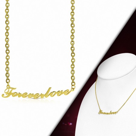 Collier chaîne avec pendentif charm monogramme Forever Love en acier inoxydable doré