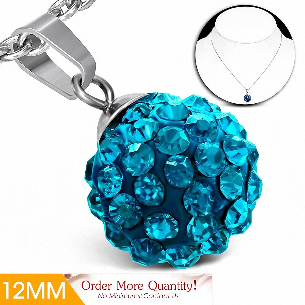12mm | Collier avec chaîne à pendentif Shamballa en acier inoxydable Argil Disco Ball avec zircon bleu CZ
