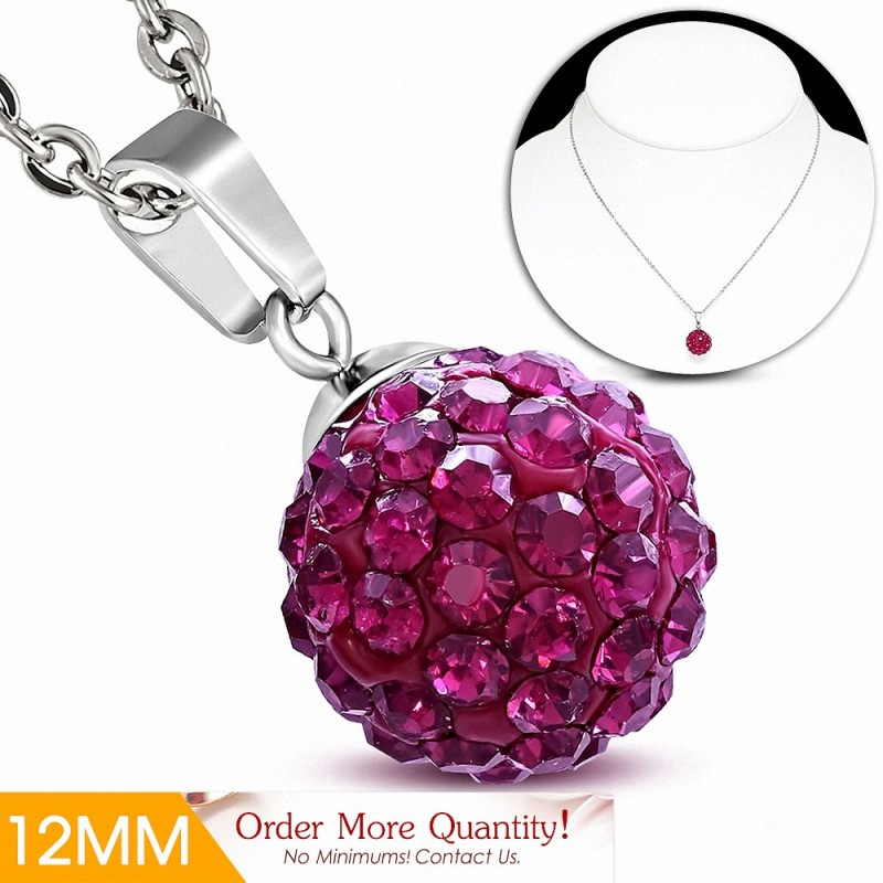 12mm | Collier avec chaîne à pendentif Shamballa en acier inoxydable Argil Disco Ball avec rose CZ rouge