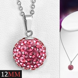 12mm | Collier avec chaîne à pendentif Shamballa en acier inoxydable Argil Disco Ball avec lumière rose rouge CZ