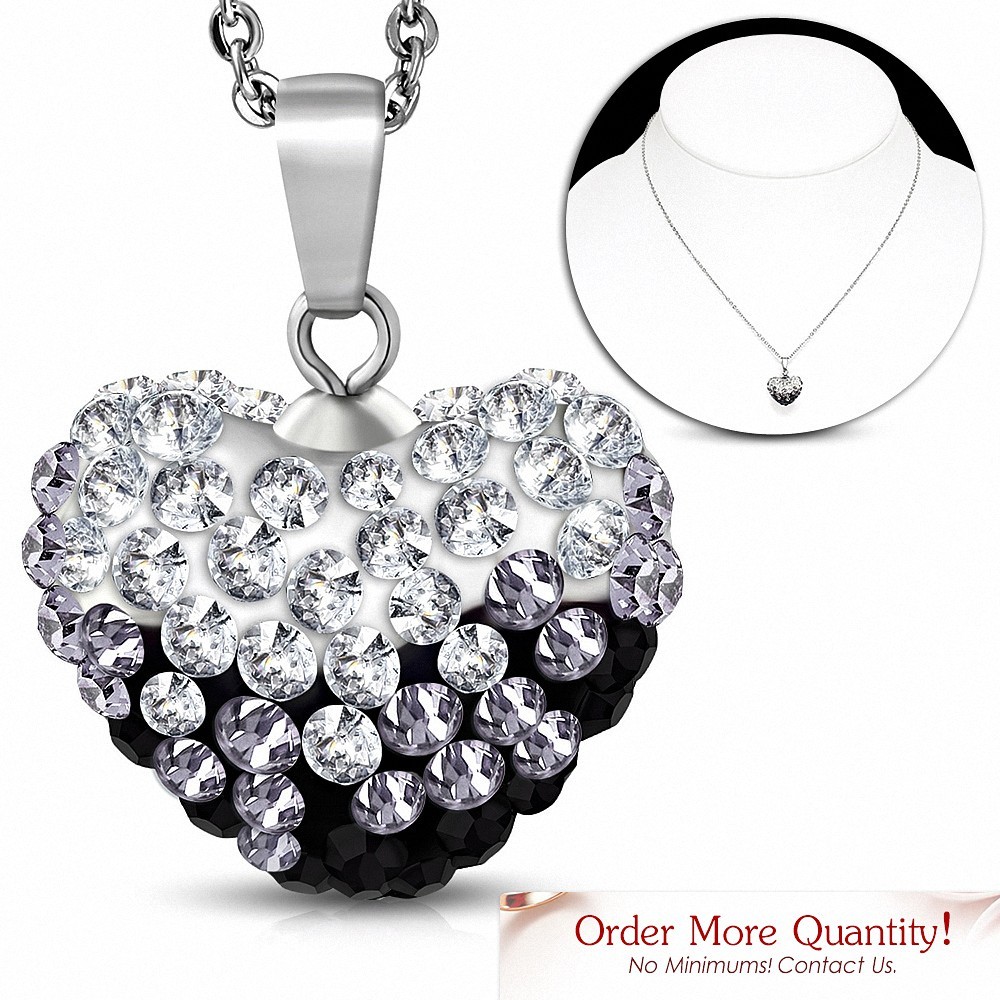 Collier avec chaîne à pendentif Shamballa en forme de coeur d'amour en acier inoxydable avec Clear & Jet Black CZ