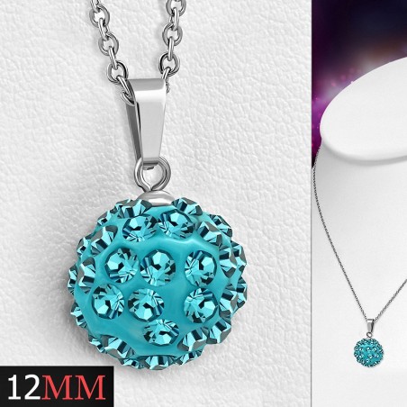 12mm | Collier chaîne en acier inoxydable Argil Disco Ball avec pendentif Shamballa avec aigue-marine CZ