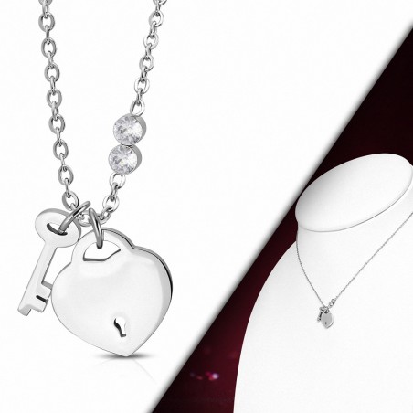 Collier chaîne en acier inoxydable avec pendentif serrure coeur  Clear CZ