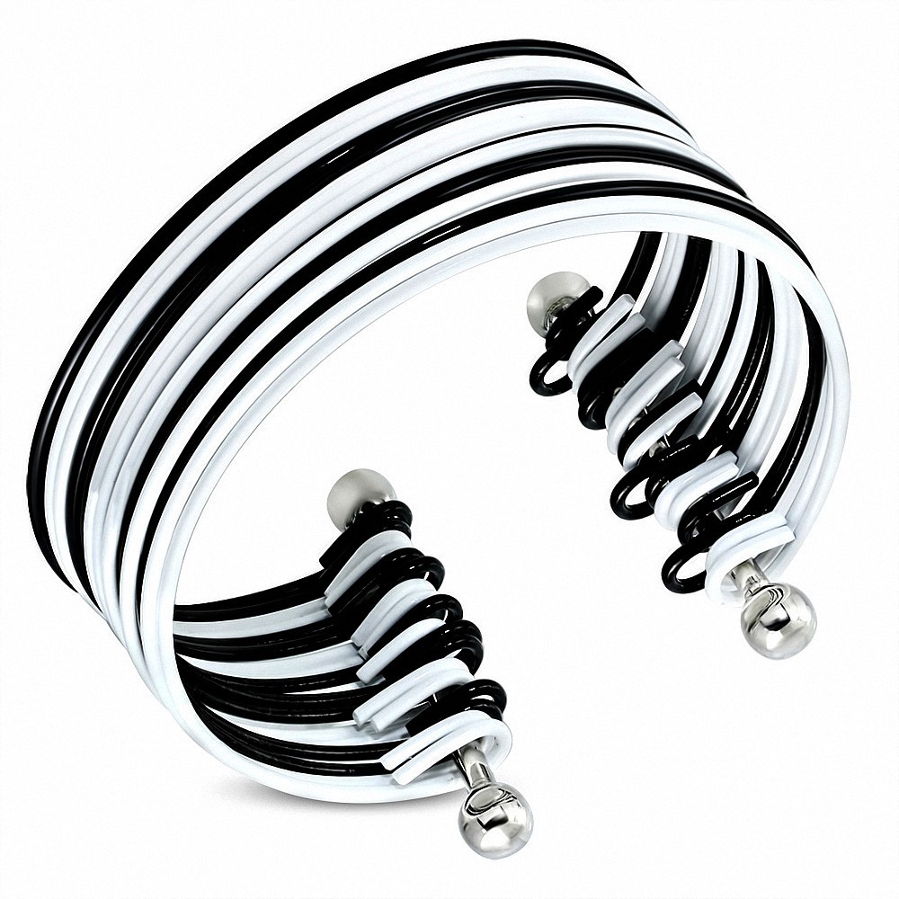 Bracelet manchette côtelé empilable noir et blanc en alliage fantaisie