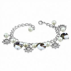 Alliage de mode blanc perle amour coeur verre perle casque / bracelet à mailles de charm de roue