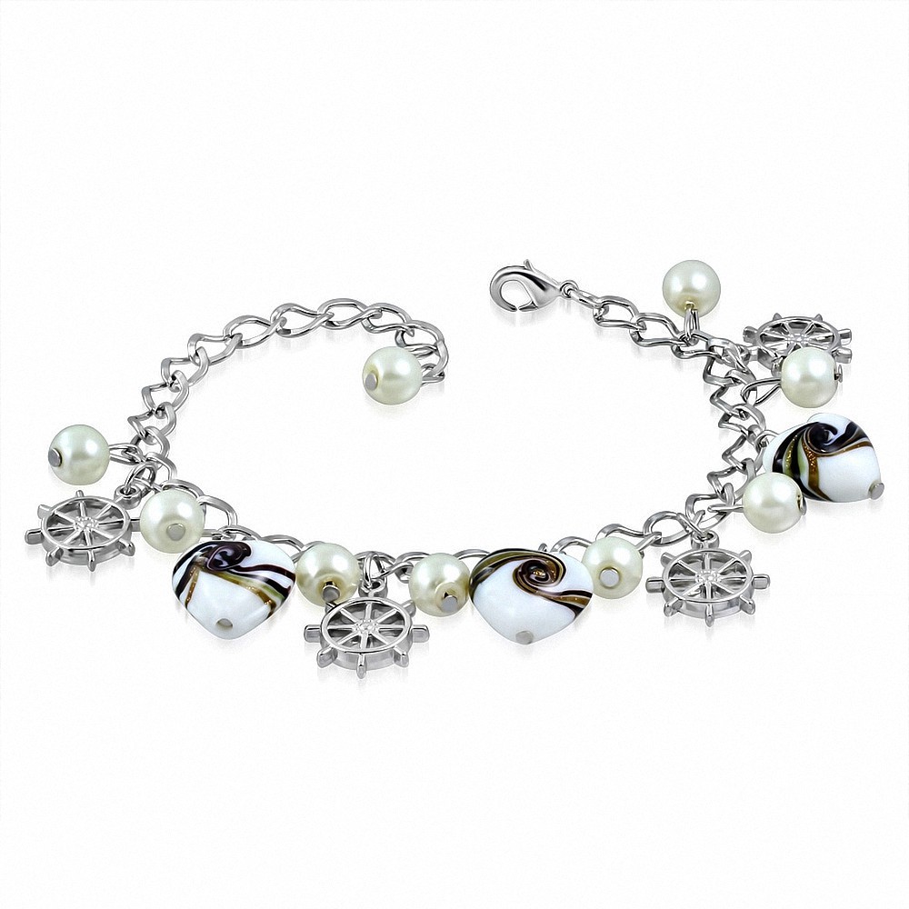Alliage de mode blanc perle amour coeur verre perle casque / bracelet à mailles de charm de roue