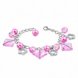 Alliage de mode rose perle de verre perle carrée fleur bracelet de lien maillon