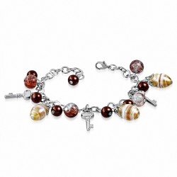 Alliage de mode brun perle de verre boule de perle clé ovale charm lien chaîne bracelet