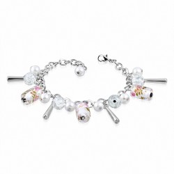 Alliage de mode blanc perle de verre perle Rose fleur Tube Bracelet de lien de chaîne charm