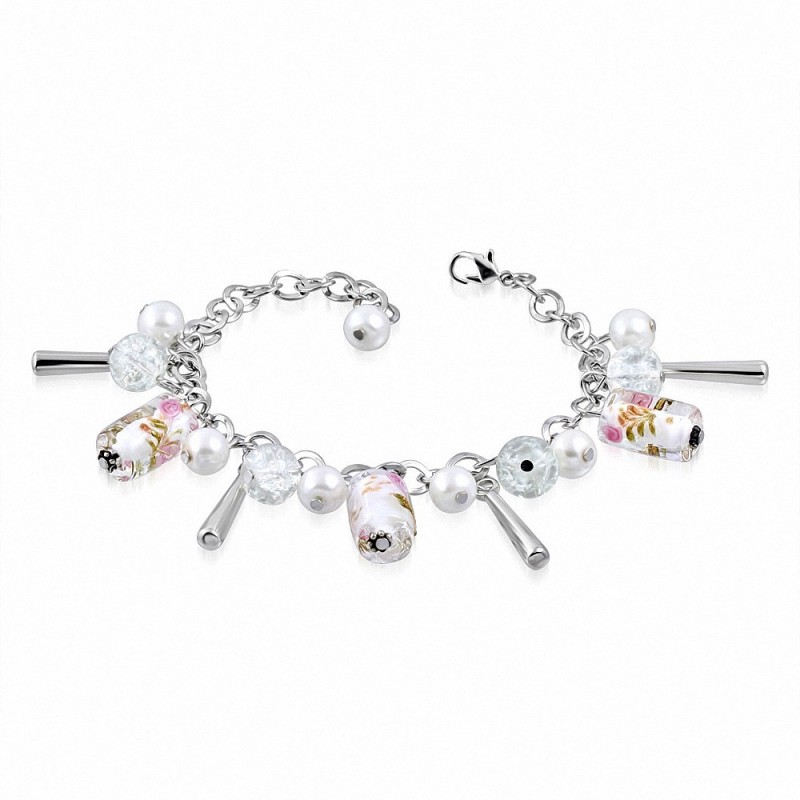 Alliage de mode blanc perle de verre perle Rose fleur Tube Bracelet de lien de chaîne charm