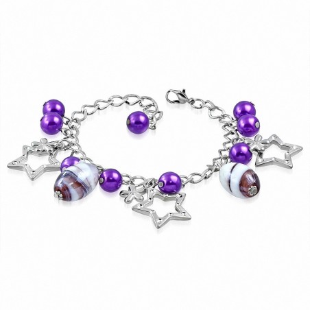 Alliage de mode violet / violet perle de verre perle ouverte étoile bracelet ovale charm de la fleur Bracelet de chaîne
