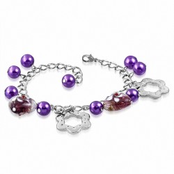 Alliage de mode violet / violet perle de verre perle fleur amour coeur charm lien chaîne de bracelet