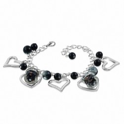 Alliage de mode noir perle de verre perle fleur tube ouvert amour coeur charm chaîne de lien bracelet