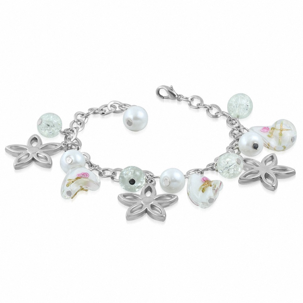 Alliage de mode blanc perle de verre perle fleur feuille bracelet de lien de charm bracelet