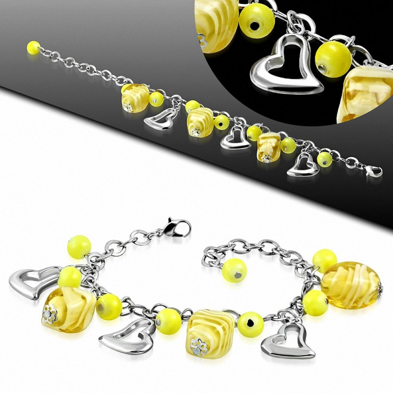 Alliage de mode jaune perle de verre perle ouverte amour coeur ovale charm lien chaîne bracelet