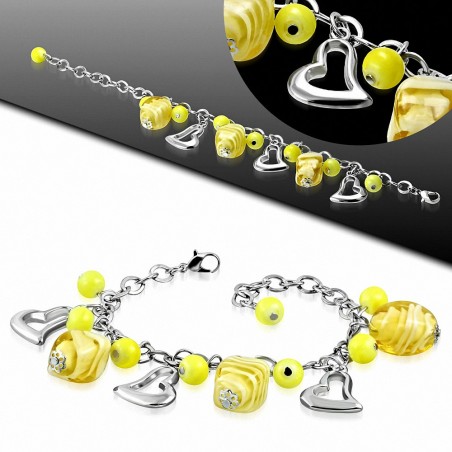 Alliage de mode jaune perle de verre perle ouverte amour coeur ovale charm lien chaîne bracelet