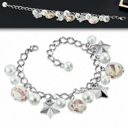 Alliage de mode blanc perle de verre perle rose fleur ovale étoile charm lien chaîne bracelet