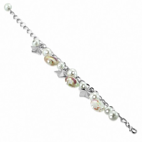 Alliage de mode blanc perle de verre perle rose fleur ovale étoile charm lien chaîne bracelet