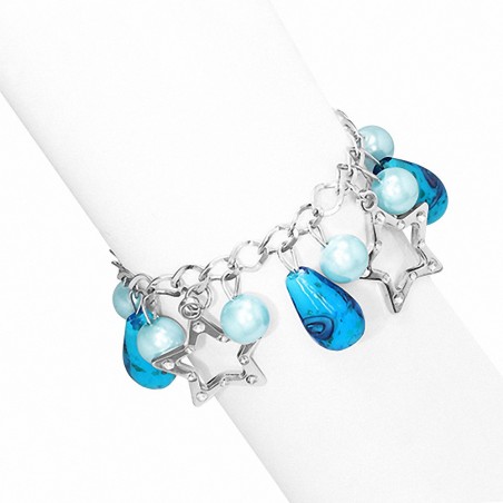 Alliage de mode bleu ciel perle de verre perle rose fleur ovale étoile charm lien chaîne bracelet