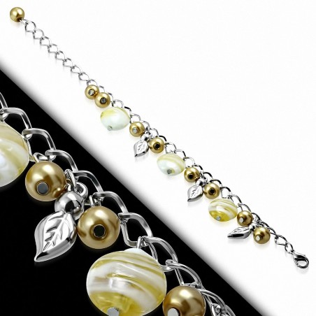 Alliage de mode bracelet en or jaune perle de perles de verre feuille feuille de breloque charm ovale