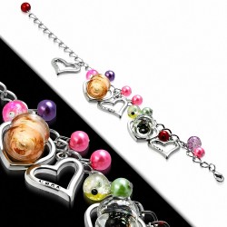 Alliage de mode coloré perle de verre perle tube ouvert amour coeur charm chaîne de lien bracelet
