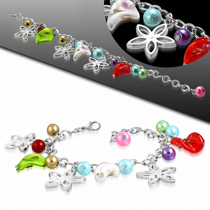 Alliage de mode coloré perle de verre perle boule étoile fleur charm lien chaîne bracelet