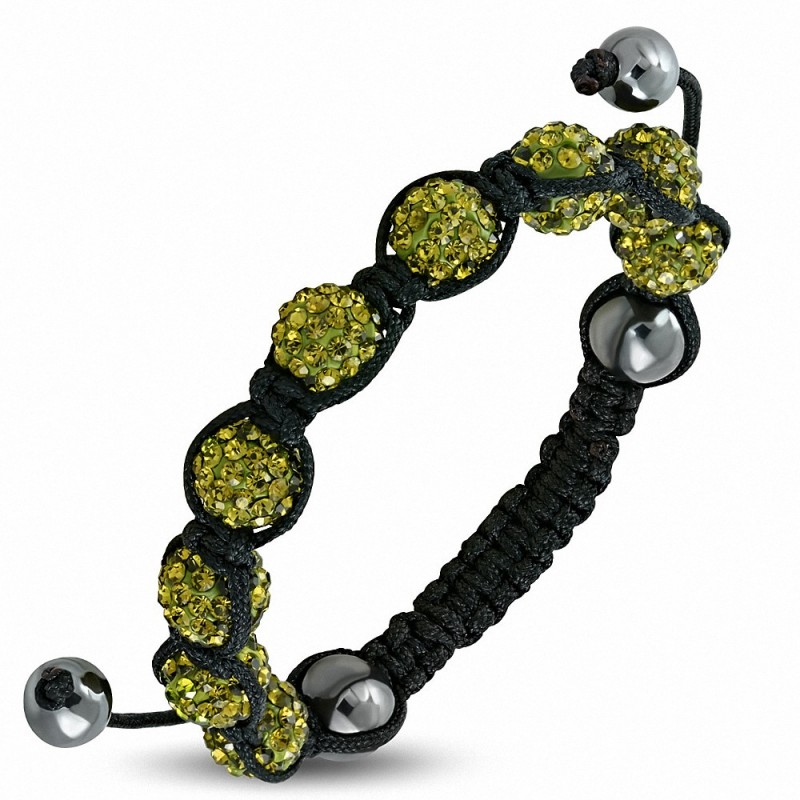 Bracelet ajustable en corde hermite et 9 ballons Argil Disco Shamballa noirs avec Olivine pâle CZ