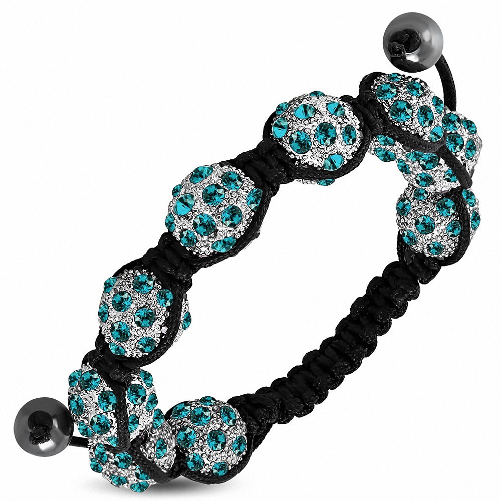 Bracelet réglable en cordon Argil Disco Ball Shamballa noir avec aigue-marine CZ