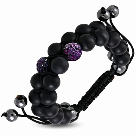 Bracelet hématite & argile disco Shamballa noir avec cordon réglable et cordon double coulisse avec améthyste CZ