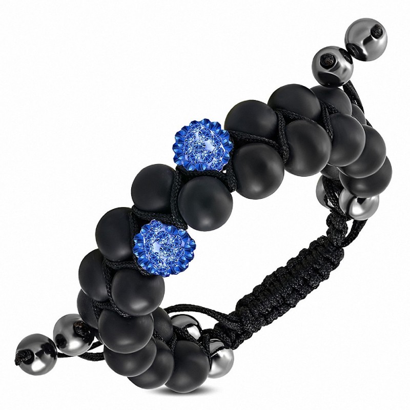 Bracelet hématite & argile disco Shamballa noir avec cordon réglable et cordon double coulissant avec saphir bleu CZ