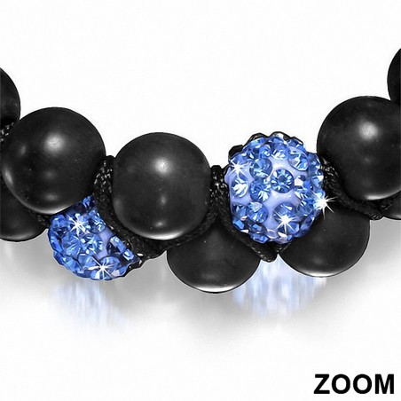 Bracelet hématite & argile disco Shamballa noir avec cordon réglable et cordon double coulissant avec saphir bleu CZ