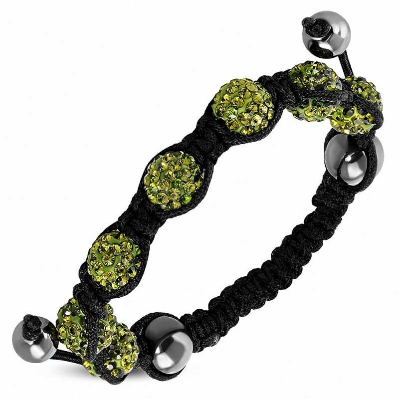 Bracelet réglable en corde hermite et 7 ballons Argil Disco Shamballa noir avec Olivine pâle CZ