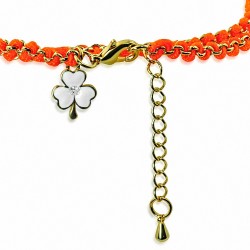 Bracelet en alliage doré avec corde orange à double enroulement de fleurs blanches en zircone