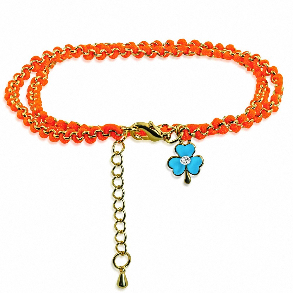 Bracelet en alliage à la mode en alliage d'or doré avec corde orange à double enveloppe de fleur bleue et bracelet transparent