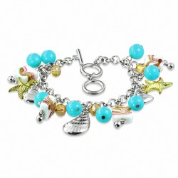 Alliage de mode fantaisie bleu perles de verre perle Rose Flower Marine Charm Bracelet Toggle